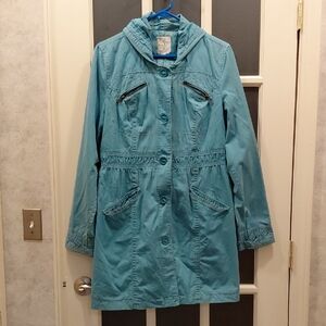 "Tulle" Womens Sz.L, Teal Blue Utility Long Coat with Hood. Styled to look worn.